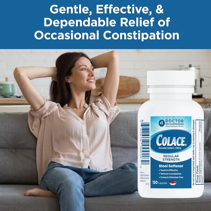 COLACE Stool Softener 100 mg, 150 Capsules, Constipation Relief, Docusate Sodium, Gentle Docusate, Stimulant-Free, Regular Strength, #1 Doctor Recommended Stool Softener Brand - Image 4